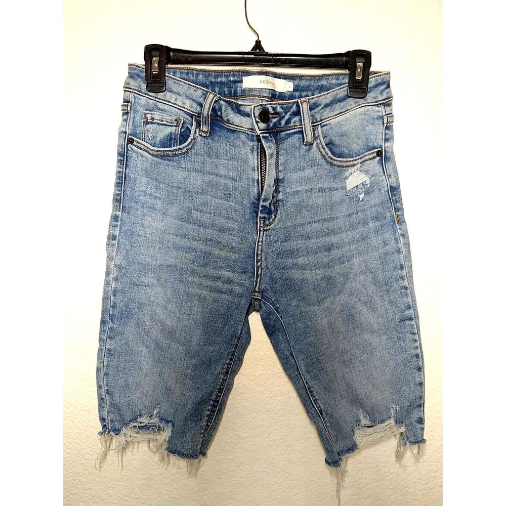 Hidden Cut-Off Short Women's Size L Blue Mid Rise Raw Hem 5-Pocket Distressed